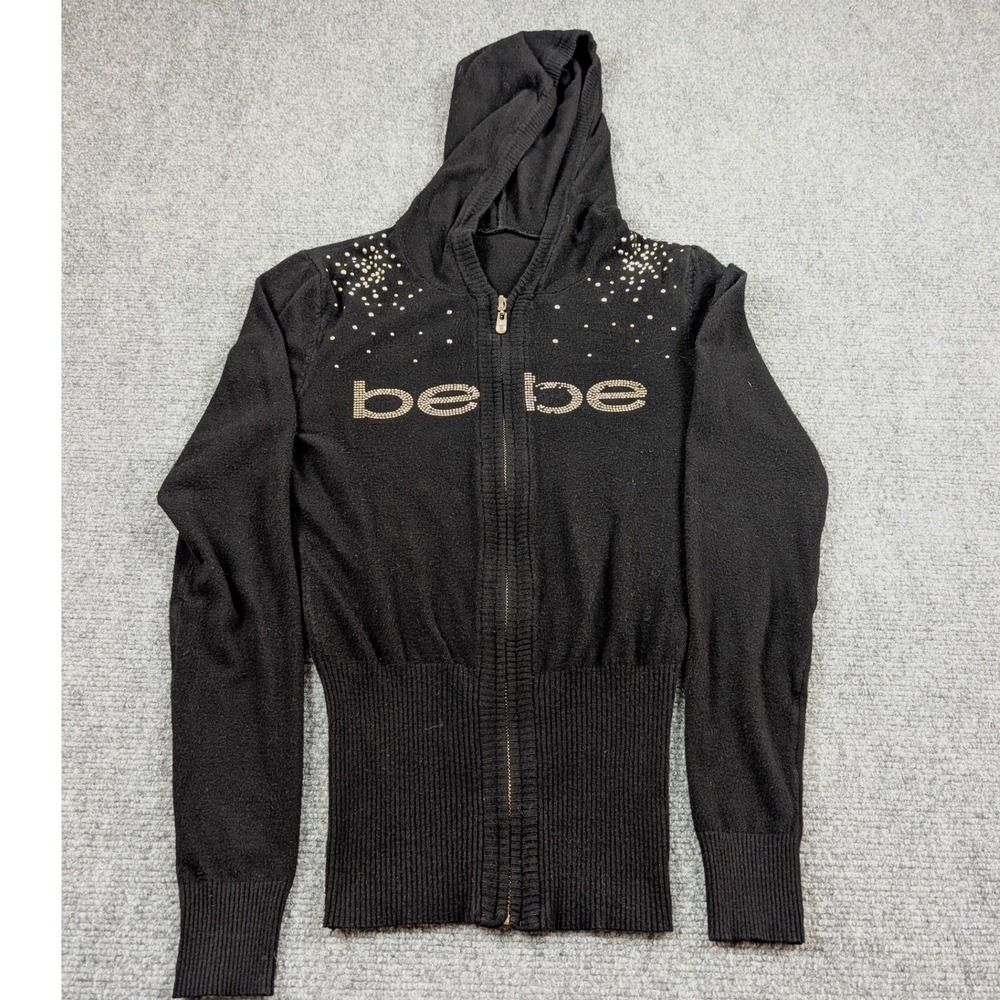 Vintage Bebe Hoodie Sweater S Black Y2k Rhinestone Logo Zip Ribbed Knit Studded